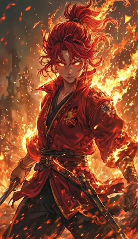 A fierce anime warrior with wild crimson hair, glowing ember-like eyes, and a battle-scarred red jacket lined with golden flames. Her katana radiates molten energy, crackling with heat as she strides forward confidently. The air around her shimmers from th...