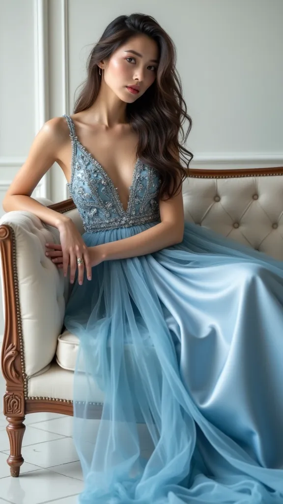 High quality, high definition photo of a very beautiful slender young pretty woman in a blue dress sitting on a white couch, wearing an evening gown, dressed beautiful gown, sexy gown, wearing an elegant dress, wearing a magnificent dress, stunning elegant...