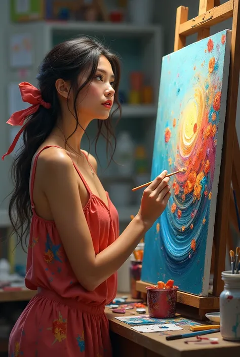 I want a picture of a female artist painting a picture 