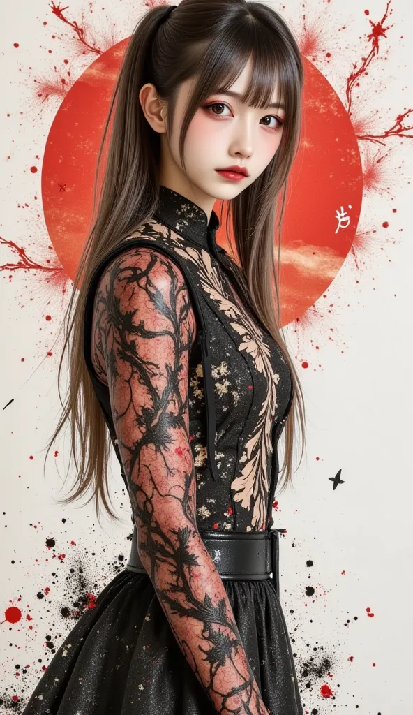 **Inkborn Phoenix**  
High-definition fusion of sumi-e artistry and photography. A 21-year-old Japanese model emerges from splattered ink, her body morphing into a living suibokuga painting. Black ink veins pulse with crimson light as phoenix feathers made...