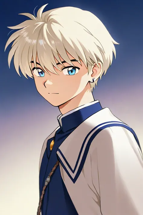 One boy. A tall handsome 18 years old boy with light blonde short hair, light cold blue eyes, wearing blue school uniform. The boy is confident. Inuyasha manga art style. College different emotions. 