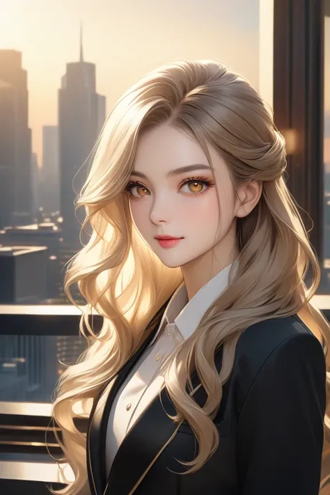 with a godly appearance, Stylish suit , luxurious makeup, Golden eyes, white wavy long hair, Confident Expressions,  by, cityscape background, Wealthy atmosphere , high resolution,  realistic detail , Fine Textures, professional photography, warm lighting ...