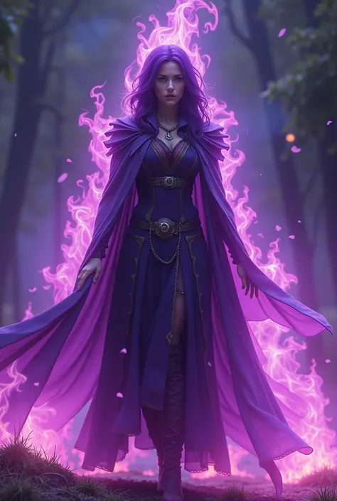 Add a mystical flaming cloak surrounding the character, made of vibrant purple flames. The flames should flow like a living entity, flickering and shifting as if responding to her presence. Dont change anithing of the caracter, only add the flames