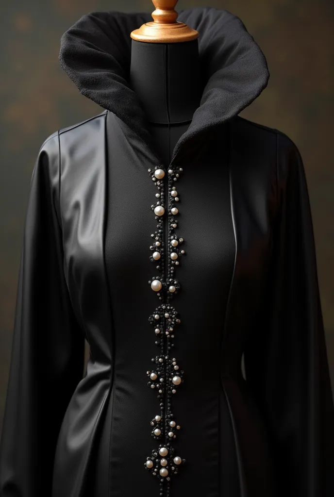 PROFESSIONAL 3D RENDERING OF THE DESIGN OF A MANTO AND FABRIC MATERIAL OF BLACK SATIN COLOR AND BUTTONS MADE OF PEARL AND THE FRONT OF THE MANTO OF BLACK NET AND COLLAR OF BLACK NET AND IN THE FORM OF A CIRCLE