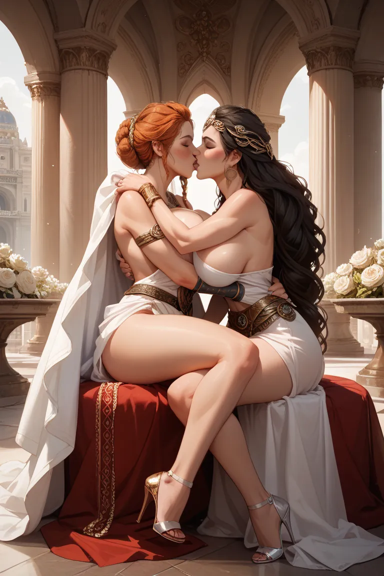 Score_9, Score_8_superior, Score_7_Greek mythology,palace,  a man,  a woman, Women are mature women, The man is very strong. The two are Queen Hera and Ares, God of War , ,  hug, kiss, 互相 hug, snuggle, Female nude female with long legs, white and tender, w...