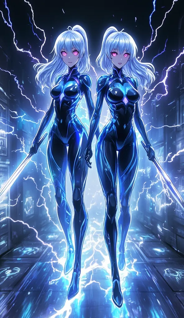 "A pair of identical anime twins with striking silver hair and glowing violet eyes, each wearing sleek futuristic bodysuits pulsing with neon-blue energy. One wields an electrified whip, while the other commands razor-sharp wind blades that leave glowing t...