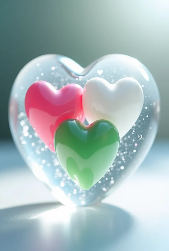 Image of a pink heart, a green heart and a white heart set together in crystal with the initials N J