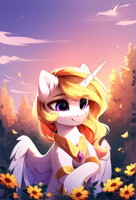 check_9, check_8_up, check_7_up, source_fluffy, rating_safe, from Magnaluna, score_9, score_8_up, score_7_up, score_6_up, Male princess celestia with no crown, solo, orange and yellow mane wearing golden body straps, meadow, outside, flower meadow, sunset