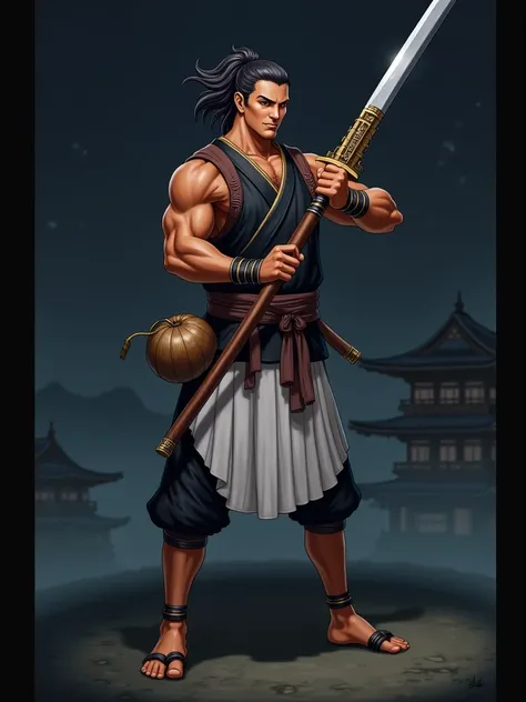 anime style,Tall and athletic man , brown skin,Chilling hair tied,Wide Face,Yukata black and white,brown samurai armbands and shoulder pads,A gourd around the waist,a colossal long sword in the hand.