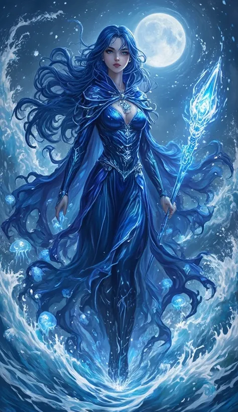 "A serene anime sorceress with flowing midnight-blue hair that floats like liquid, reflecting moonlight. Her deep sapphire cloak ripples as if woven from water, and glowing aquatic tattoos pulse along her arms. She wields a crystalline staff swirling with ...