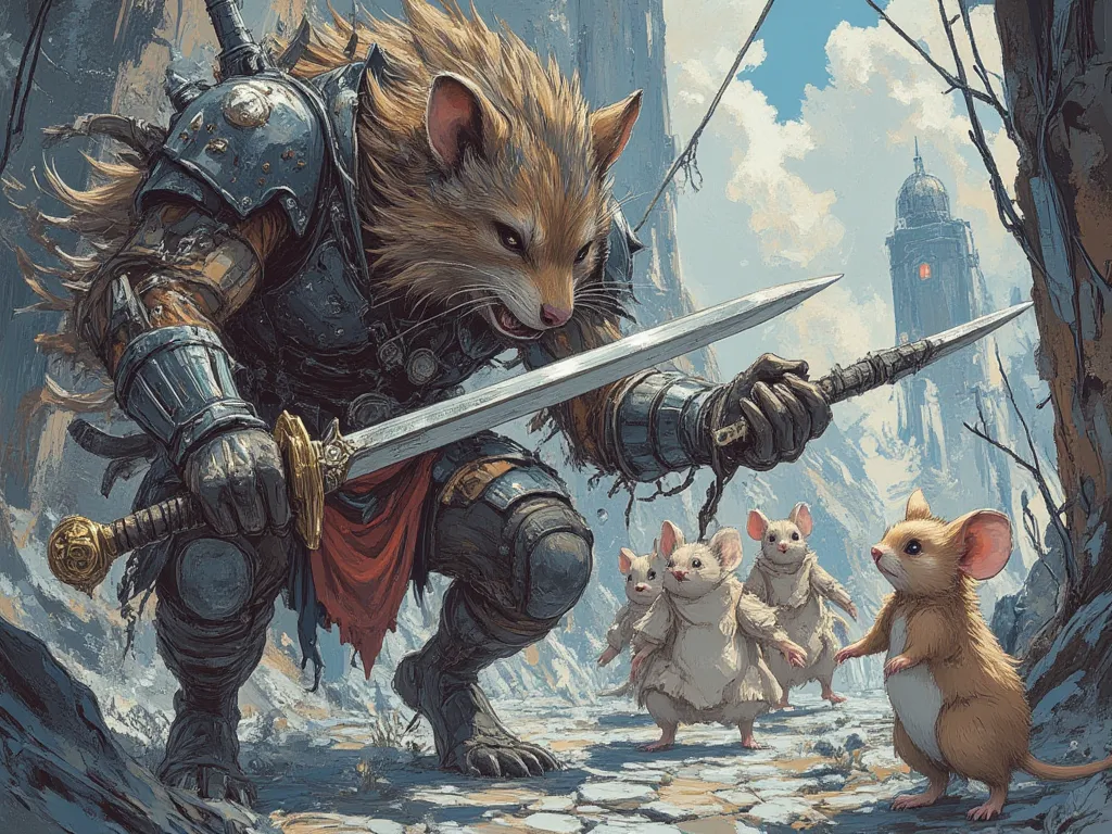 one hamster with a sword fights wolf, a group of scared mice running away,  In fantasy art style, masterpiece,  best quality , Super Detail, an epic, 4K, cinematic light, ultra-detailed,  8k resolution ,(high quality, 8k, 4K, high contrast, masterpiece: 1....