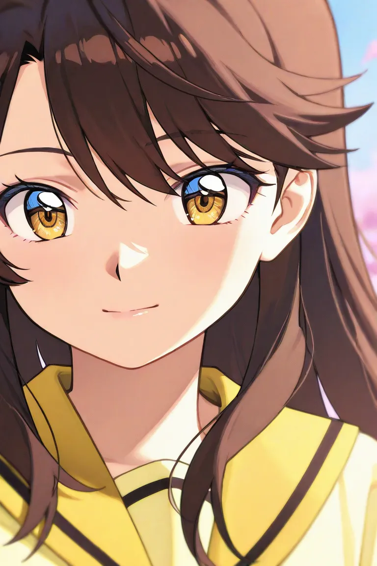 A girl  that is an student. She has long straight Brown hair with shiny golden eyes with a yellow dress uniform. She's daring, young, beautiful. Inuyasha anime manga character art style. 