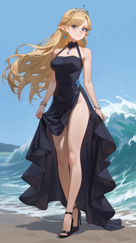 1girl,cartethyia_\(wuthering_waves\),solo,blue eyes,long hair,jewelry,pointy ears,dress,blonde hair,bare shoulders,earrings,high heels,braid,strappy heels,bare legs,bracelet,very long hair,sidelocks,tiara,black dress,short dress,
simple background,cowboy s...