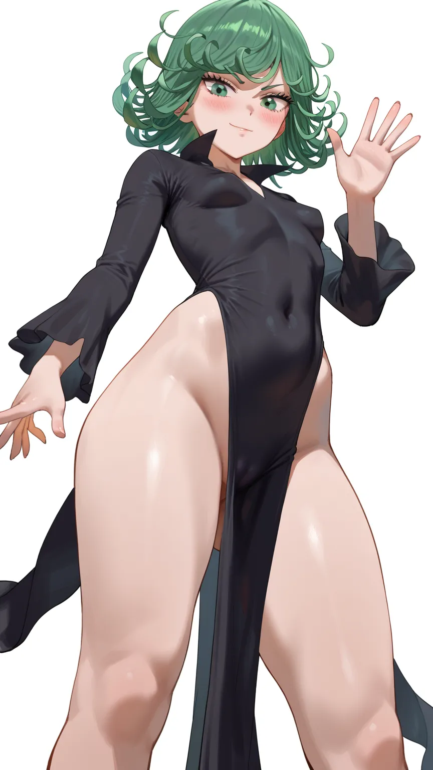 1 ,  alone,  Green Eyes Pants,  curly hair ,  green hair, fringe, Blush, Hair tossed,  short hair,  small breasts, thighs,  long sleeves,  dress,  pelvic curtain , black  dress, covered navel , (transparent,  degree of transparency 60 %)  detailed face、 sm...