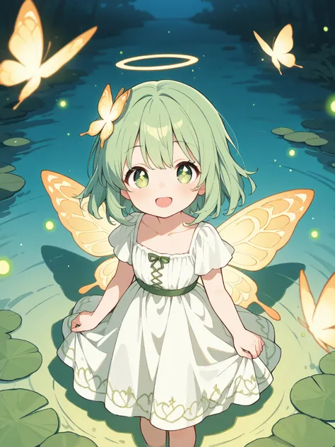 3 beautiful girls、delicate、flat chest、 Little Fairies、3 cute girls holding hands、sparkling butterfly wings with a sense of transparency on their backs、Different hairstyles、 crescent、On the pond in the middle of the night、is floating in the air、Cute Celtic ...