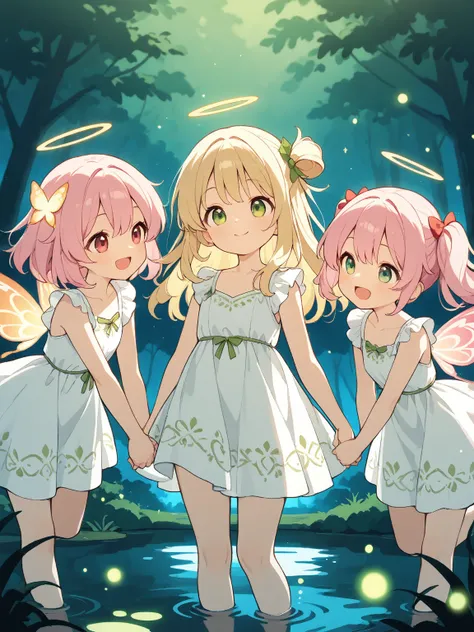 3 beautiful girls、delicate、flat chest、 Little Fairies、3 cute girls holding hands、sparkling butterfly wings with a sense of transparency on their backs、Different hairstyles、 crescent、On the pond in the middle of the night、is floating in the air、Cute Celtic ...