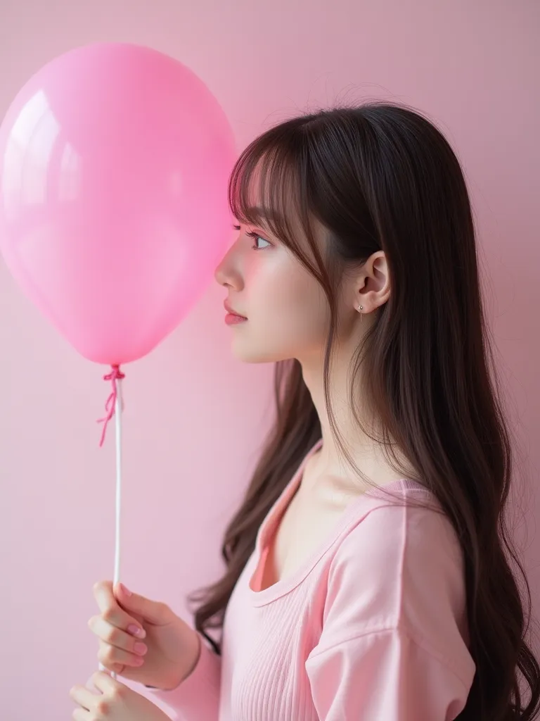 (8k、 RAW photo 、 Top Quality、masterpiece:1.2)、(  exists、 photorealistic)、 the hairstyle is long hair、 ((Holding a pink rubber balloon:1.2))、((There is  in the rubber balloon))、 facing away、White skin