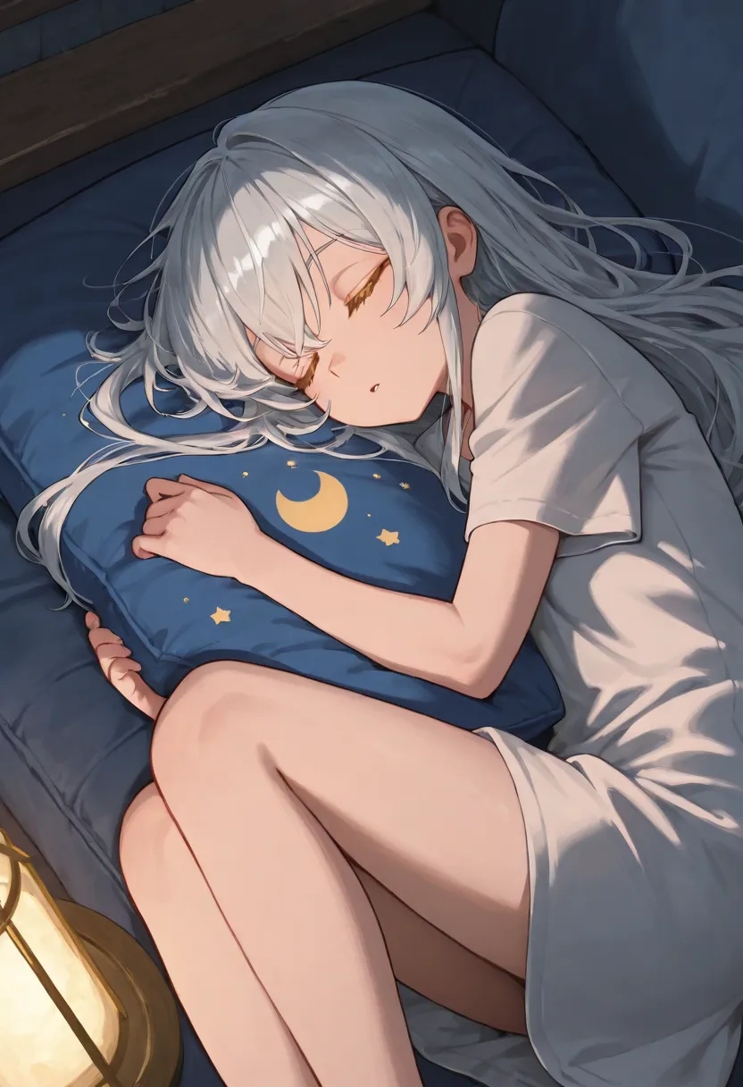  a girl, long silver hair, golden eyes, smallish chest, バスローブ, fetal post, sleeping, night