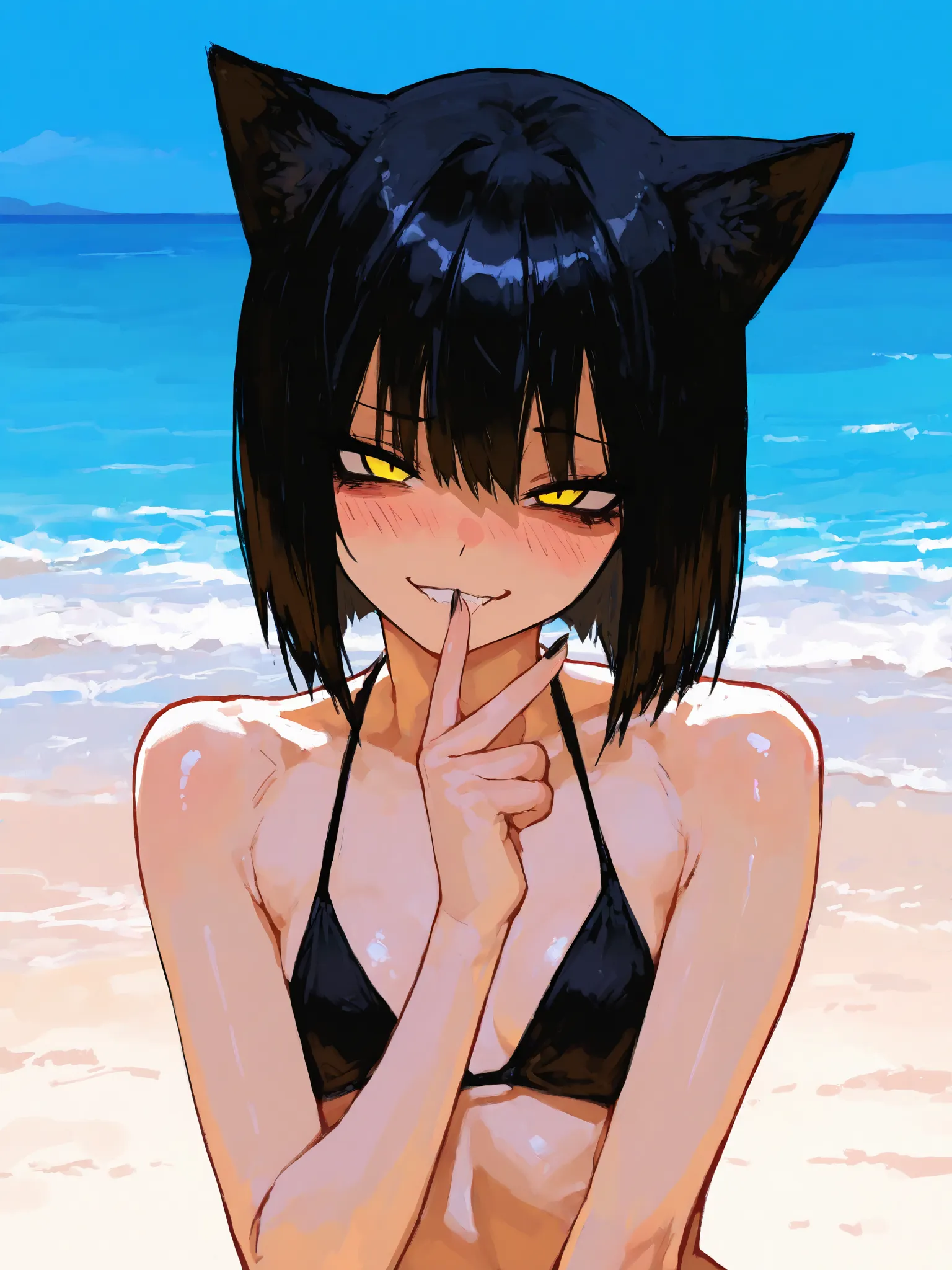 Masterpiece, (best quality), 4k, 8k, flawless, detailed, beach, 1girl, catgirl, amazing beauty, lewd smirk, sexy pose, touching herself, small breasts, short hair, detailed eyes, (detailed background:0.9), shiny skin, 748cmstyle