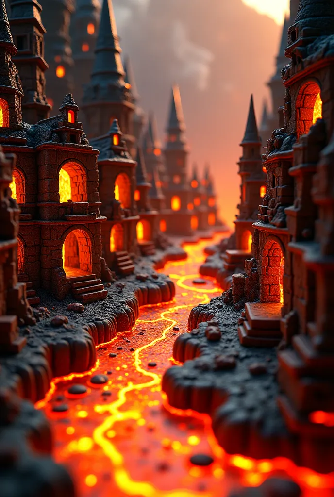 A city built inside a dormant volcano, where tiny blacksmiths forge weapons and armor using molten lava flowing through the streets like rivers. The fiery glow contrasts with the cool stone walls. Ultra HD, macro shot, cinematic lighting, fantasy craftsman...