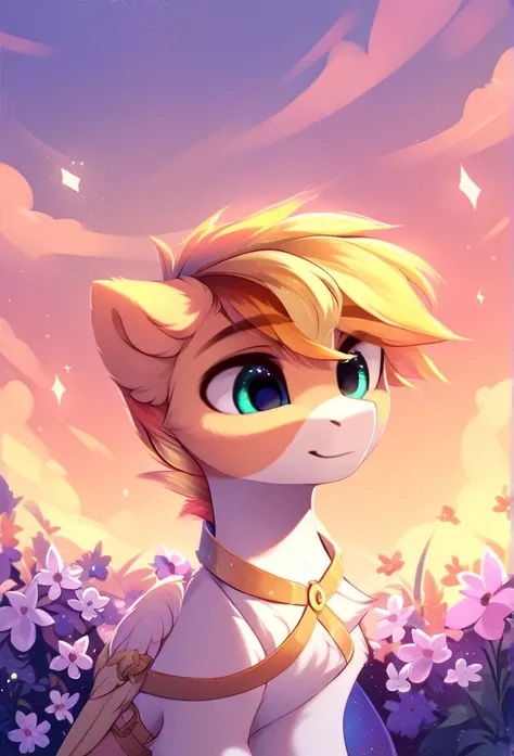 check_9, check_8_up, check_7_up, source_fluffy, rating_safe, from Magnaluna, score_9, score_8_up, score_7_up, score_6_up, Male white body pony, solo, orange and yellow mane wearing golden body straps, meadow, outside, flower meadow, sunset