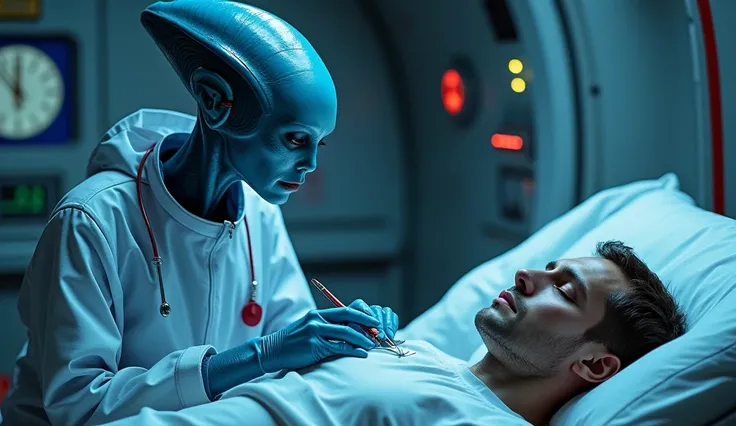 A very beautiful alien in the form of a nurse is treating a patient on a spaceship. The image is bright and shows how the alien is sitting next to a human and trying to treat him. She is a blue colored woman in a space suit. The man is drugged and tired. H...