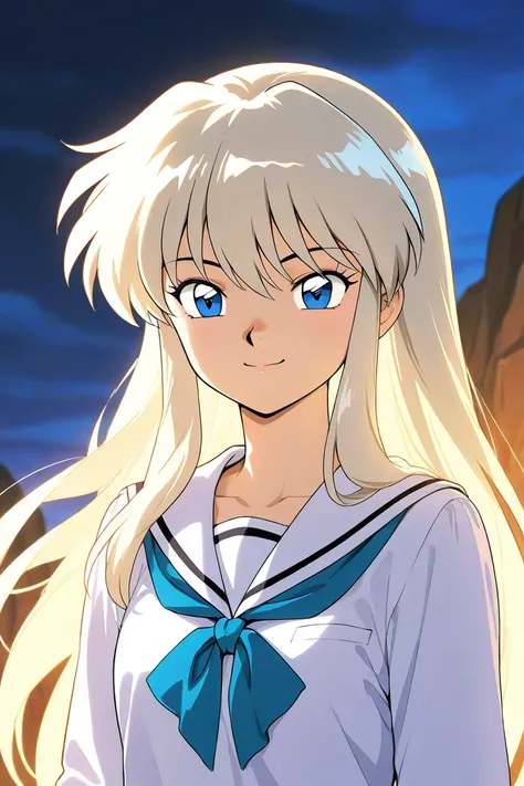 A beautiful  student. She has long wavy light blonde hair with light blue eyes with white dress uniform. She is happy, smiling. Kind. Young. Beautiful. Inuyasha anime manga character art style.