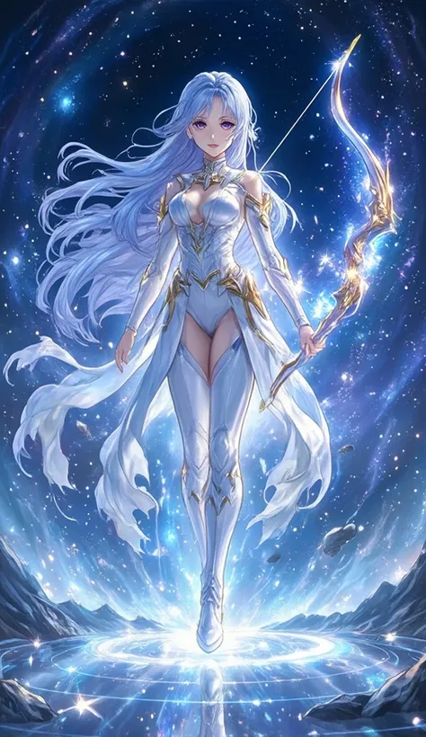 A celestial anime warrior with flowing silver-blue hair, her deep violet eyes shimmering like distant galaxies. She wears an elegant white and gold bodysuit, her celestial bow made of pure starlight. As she takes a step forward, gravity weakens—floating as...