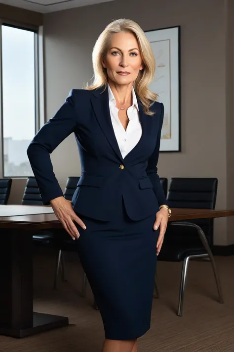 A full body realistic photo including heels of a blond mature, 55 year old, clearly older looking topless woman office worker talking in a boardroom making a presentation showing off her body