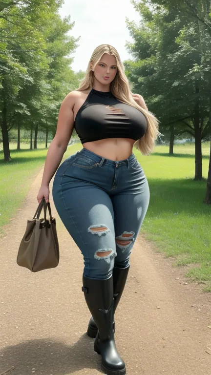 Realistic photo from head to toe,   full body shot,Araffe big curvy blonde muscular woman,   wide hips,    ripped old jeans  , tattered dark green low neck top, sexy, sporty, long strong legs , heavy black wellies ,  hourglass figure,   tanning strips, On ...