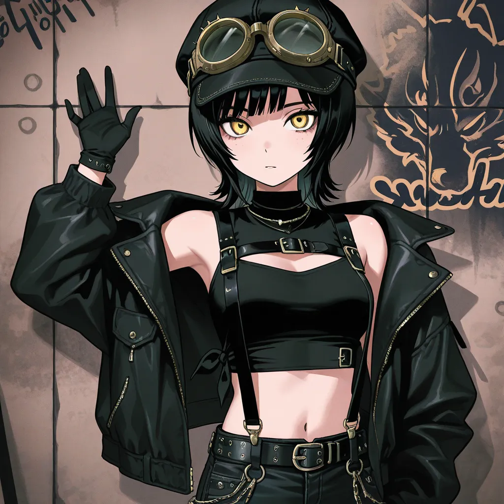 Black Cropped top sleeveless, black gloves, black jeans, The jacket is tied at the waist., Belt + Suspenders, Grunge Punk Goggles Black, Distressed Black Hat, yellow eyes, Short Wolf Cut Black, cool girl 