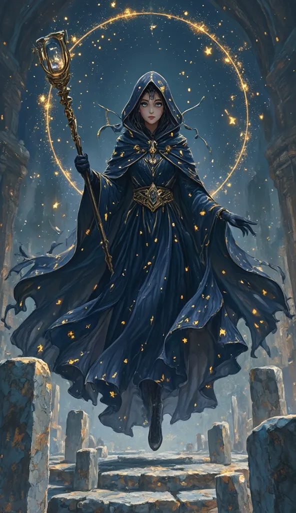 A regal anime sorceress with a dark navy cloak, embedded with glowing golden constellations. Floating stone monoliths orbit around her, held in place by immense gravitational force. She holds a staff with an ancient hourglass at its tip, its sand shifting ...