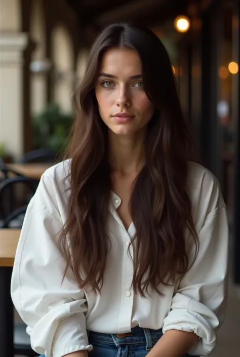 A 20-year-old woman with long, silky dark brown hair and striking green eyes, sitting outside in a stylish Parisian cafe. She is wearing a white baggy shirt and denim mom jeans, giving off a chic, casual vibe. The background features elegant architecture w...