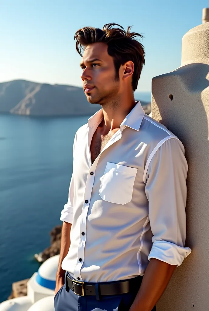 A charming, medium-built handsome man with piercing brown eyes and a captivating face stands confidently against the backdrop of Santorini’s iconic blue and white architecture. Clad in a crisp white linen shirt paired with navy accents, his windswept dark ...