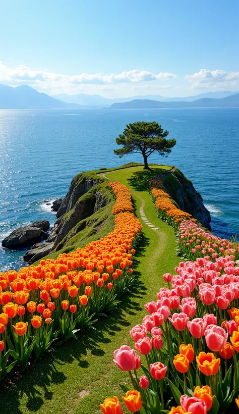 A breathtaking coastal landscape with vibrant tulip fields. The scene features a cliffside adorned with lush green grass and colorful tulips in shades of orange and pink. A winding path leads through the tulip fields, with a solitary tree standing on the e...