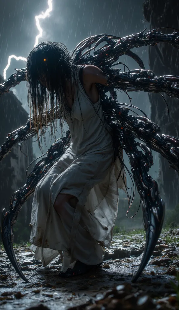 Hyper realistic image. High quality, 8K Ultra HD. Samara Morgan, in the environment, is crawling like a spider, writhing macabrely. Behind her is an ancient water well at night in a storm with lightning and rain. The spectral entity with wet hair and a let...