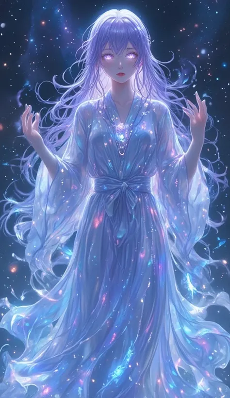 A mesmerizing anime sorceress with flowing lavender hair, her eyes glowing with shifting galaxies. She wears a silk-like robe that appears translucent, revealing glimpses of parallel dimensions as it moves. With each step, the environment around her morphs...