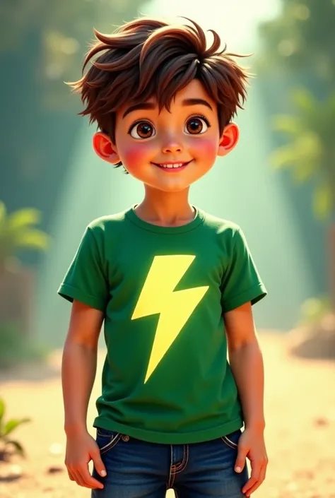 Boy in green shirt with lightning symbol and denim shorts, brown hair and brown eyes, beige skin, Bottomless 