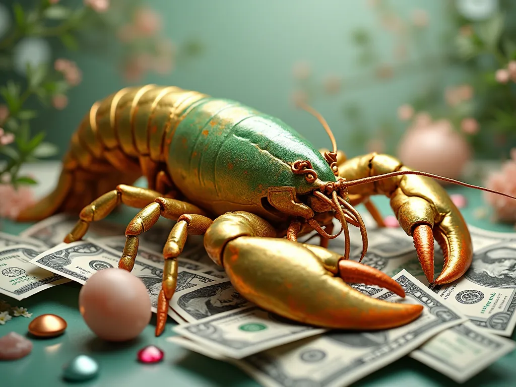 3D a big lobster with gold color 90% and jade color 10%. photo border modern design. 3D background is positive vibe colors. USD dollars and Myanmar money are floating around 3D big lobster. Jewels are falling around lobster.