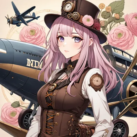 Steampunk style, cute Western style girl in her 20s, her eyes are light purple, her hair is long, fluffy, light pink, and her head is decorated with ranunculus on the background with NMD letters on the steampunk style airplane