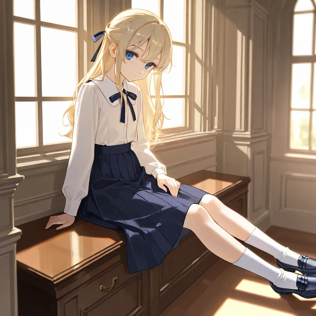 Girl, first year high school, blonde, blue eyes, long hair, half-up, navy jumper skirt, navy ribbon, white socks, black strap shoes, sitting by the window, mansion, young lady, expressionless, warm light