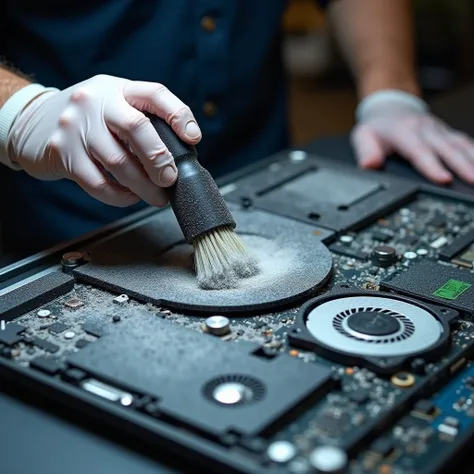 "A close-up of an open laptop's interior, filled with dust accumulated on the cooling fan, motherboard, and internal components. A technician wearing gloves is cleaning it with a brush and compressed air, removing the dust. The scene is well-lit, highlight...