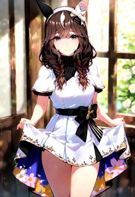 (masterpiece),highly detailed, best quality, (high resolution), 1girl,curren bouquetdor (umamusume), gentle smile, dress lifting, brown hair, brown eyes, ear covers, twin braids, streaked hair,  floral print, two-sided fabric, white dress