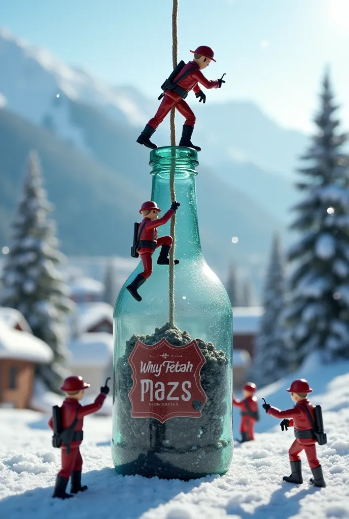 Toy Story-type toy soldiers climbing into a bottle with the label TikTok, Winter scenery with pine trees and villages,  falling snow, estilo slow motion,  8K Ultra HD, One soldier is climbing the rope while the others wait as an escort.