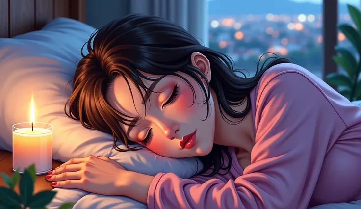 (Best Quality,High Resolution:1.2)((Lo-Fi Drawing Styles:1.5)), An anime drawing of a beautiful, stunning and sexy woman with brown hair. sharp focus, colorful lighting, beautifully detailed eyes, closed eyes, long eyelashes, beautifully detailed lips, sle...