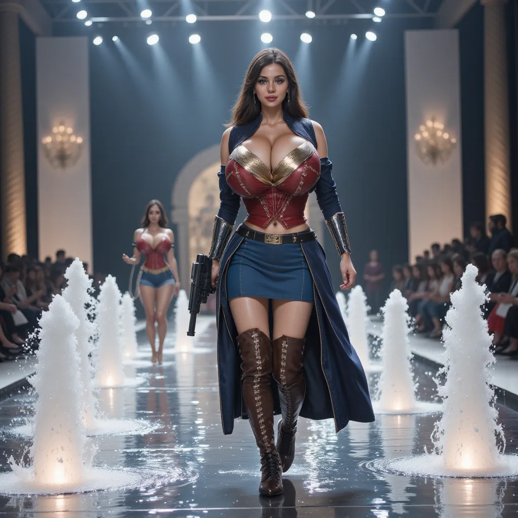 "Best quality, masterpiece, Ultra HD 8K images, perfect full-body details, detailed, white tones, oily skin. A realistic image of a beautiful Wonder Woman hero in traditional attire holding a modern heavy gun, wearing beautiful outfits. She is wearing a cl...