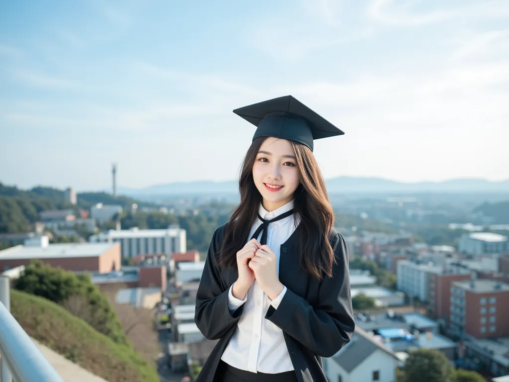 Rooftop of a Japanese high school on a hill。bright spring sunshine。The town and natural scenery spread far away。, a high school girl in a long-sleeved uniform who finished her graduation ceremony、Standing leaning against a fence。is smiling at me。 in its en...