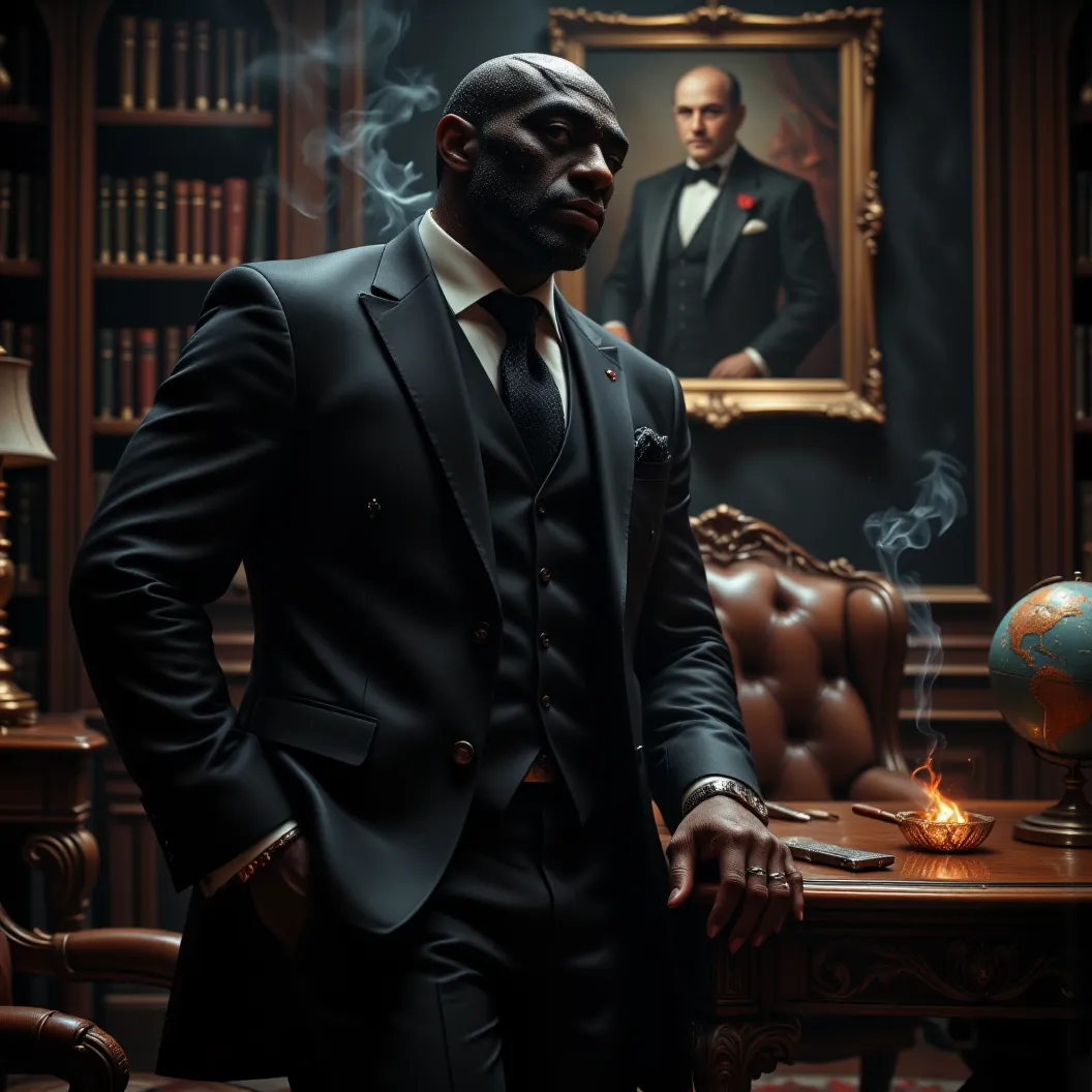 A powerful image of a muscular anthropomorphic Crow. Wearing all black 3 piece suit. Dynamically posing for photoshoot. Cool looking, handsome, confident and important. Silver watch and 2 rings. Dark smokey manor library background. Leaning against an extr...