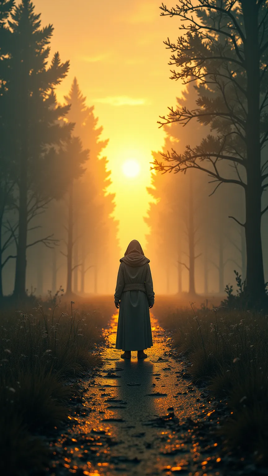 "A solitary figure standing at a crossroads. on one side, a path of golden light leading to a heavenly horizon,  on the other, a path of darkness with dark creatures emerging. The figure seems indecisive, representing the final choice."High resolution, Hig...