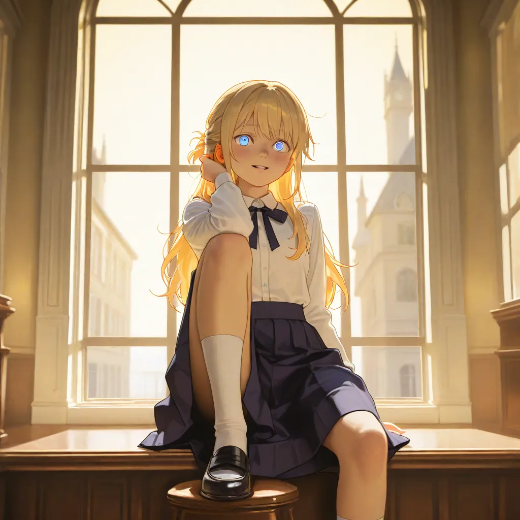 Girl, first year high school student, blonde, blue eyes, long hair, half-up, navy jumper skirt, navy ribbon, white socks, black strap shoes, sitting by the window, mansion, young lady, warm light